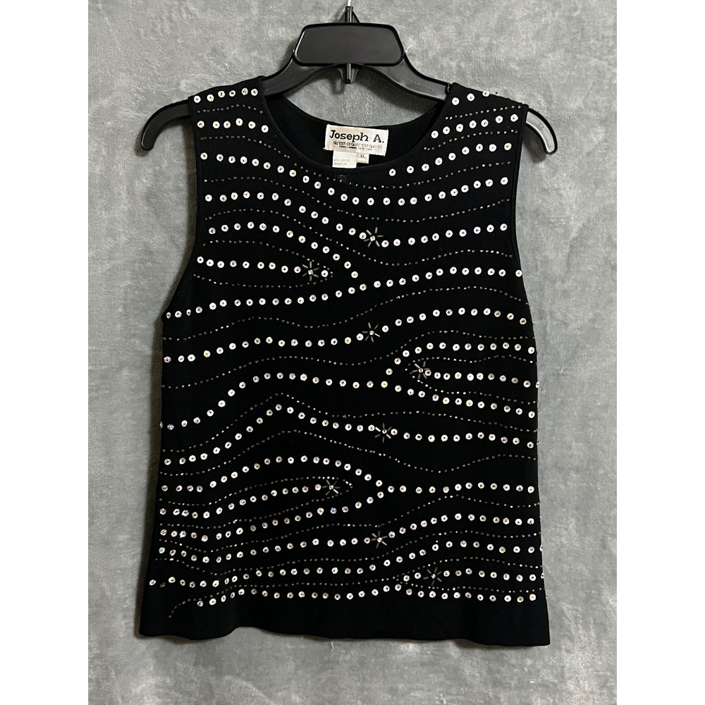 Joseph A XL Black Beaded Sequin Sleeveless Knit Top Vintage Y2K Party Evening